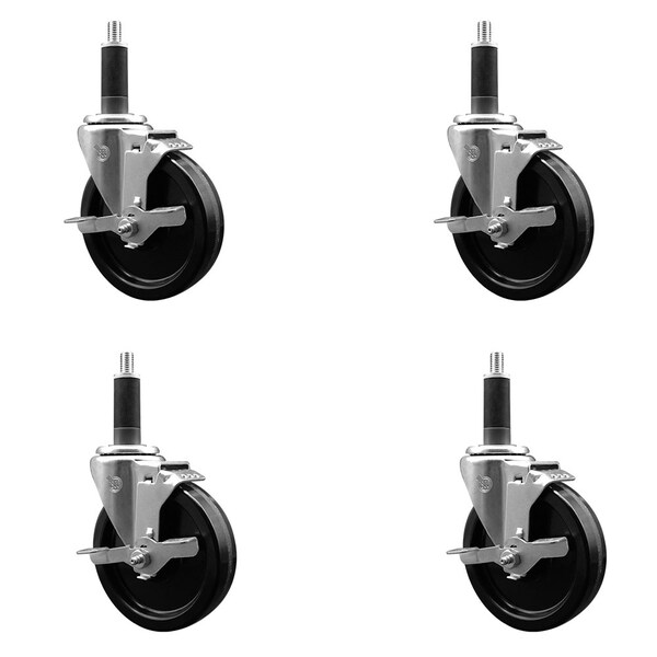 5'' Phenolic Swivel 1'' Expanding Stem Caster Set with Brake, 4PK